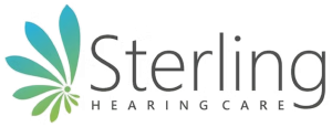 Logo for Sterling Hearing Care featuring green and blue petal shapes on the left, with the words Sterling Hearing Care in modern gray text to the right.